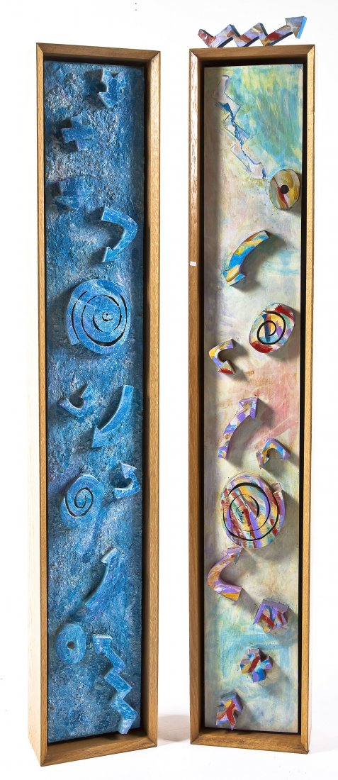Florence Putterman (American, B. 1927): DESCRIPTION: Florence Putterman (American, B. 1927). Two part mixed media collage sculpture. Entitled "Totems". Florence Grace Putterman was awarded a National Endowment Grant in 1979 and has been fea