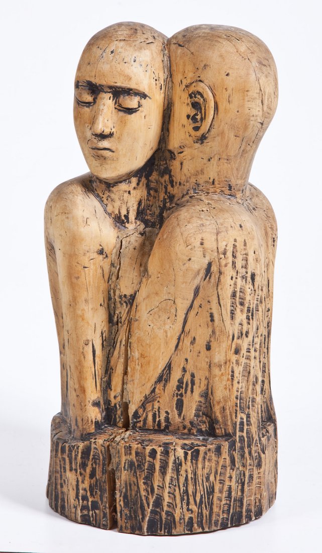 20th C Wood Sculpture of Embracing Couple: DESCRIPTION: Twentieth century figural wood carving. Depicts two figures embracing. PROVENANCE: From the Saul and Florence Putterman Collection, Sarasota, Florida. Saul Putterman is an entrepreneur an