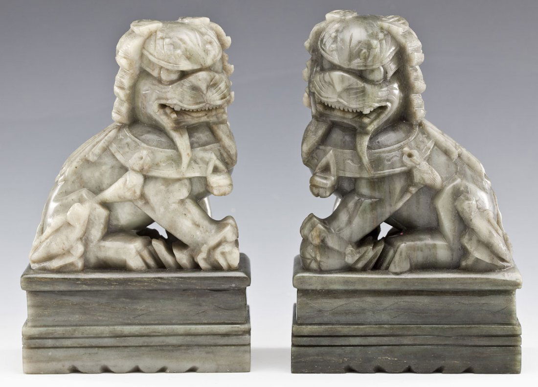 Pair Chinese Carved Soapstone Foo Dogs (1 of 5)