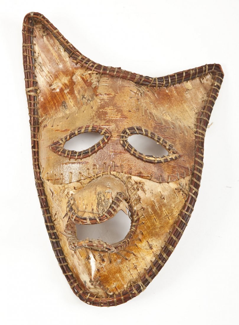 Birch Wolf Mask: DESCRIPTION: Birch wood wolf mask. Marked on interior with dates and names of wearers. MEASUREMENTS: 12-1/2" x 8-1/4". CONDITION: Minor wear to surface, especially at joints and cheekbones. Apparent w