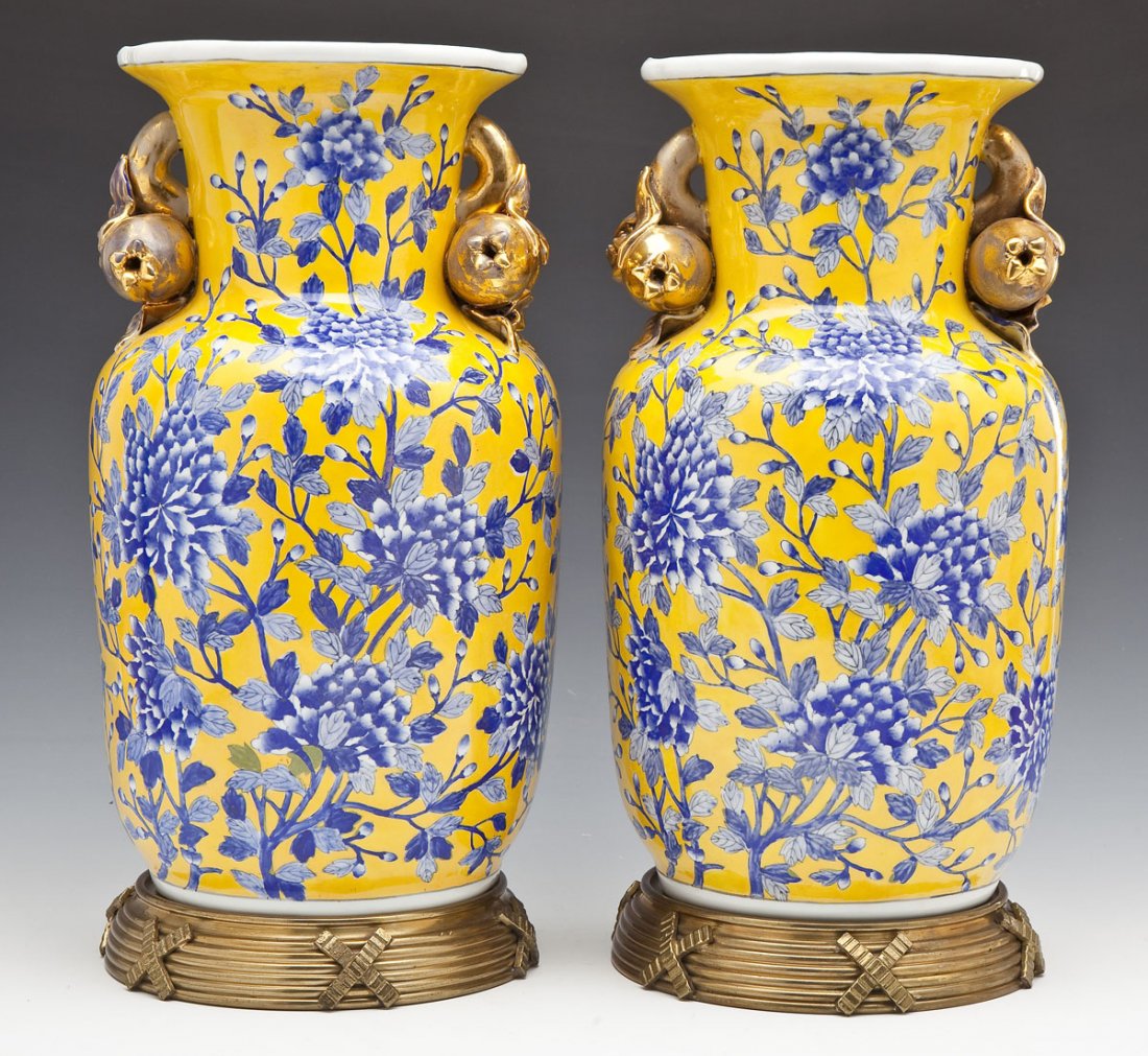 Pair Chinese Yellow & Blue Vases on Custom Stands (1 of 8)