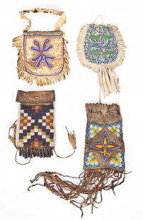 4 Native American Beaded Bags: DESCRIPTION: Four Native American beaded bags. Includes: 1) Leather tobacco bag with yellow, blue, white, and red beading and fringe. 6" long (without fringe) x 3-1/2" wide. Missing drawstrings at top