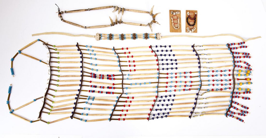 5 Pcs Native American Beadwork incl Wampum: DESCRIPTION: Five pieces of various Native American beadwork. Includes: 1) Plaque of shell wampum beads including Northern California cup beads, Oklahoma ancient shell temple mound as labeled. 4" x 2"
