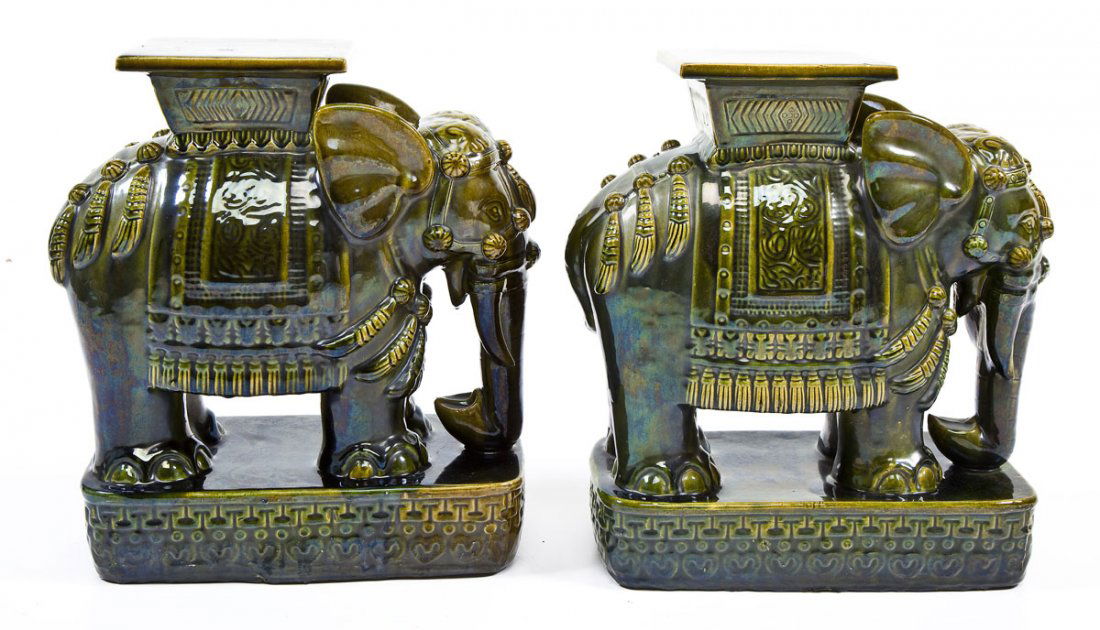 Pair Green Glazed Ceramic Elephant Garden Seats (1 of 10)