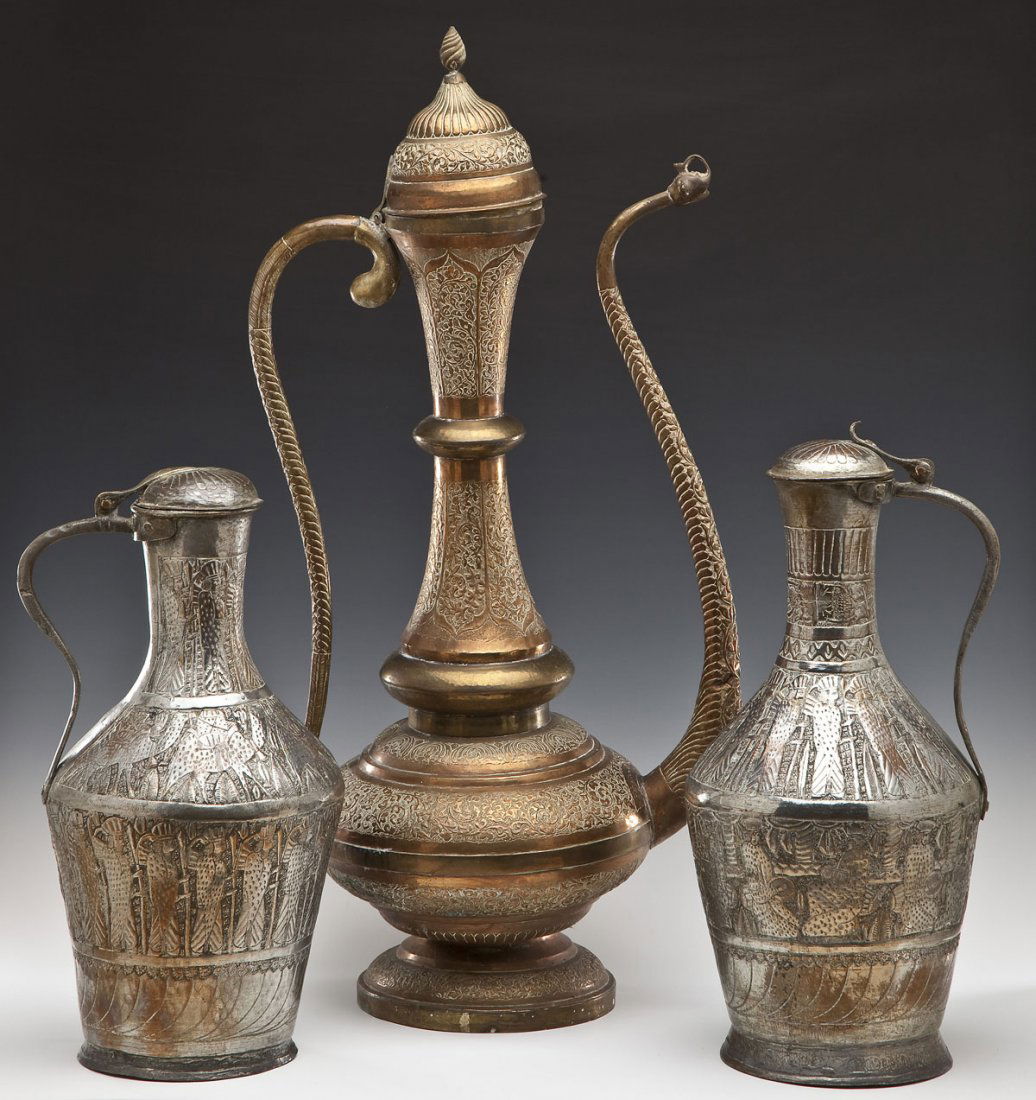 2 Middle Eastern Engraved Metal Ewers & Pitcher (1 of 9)