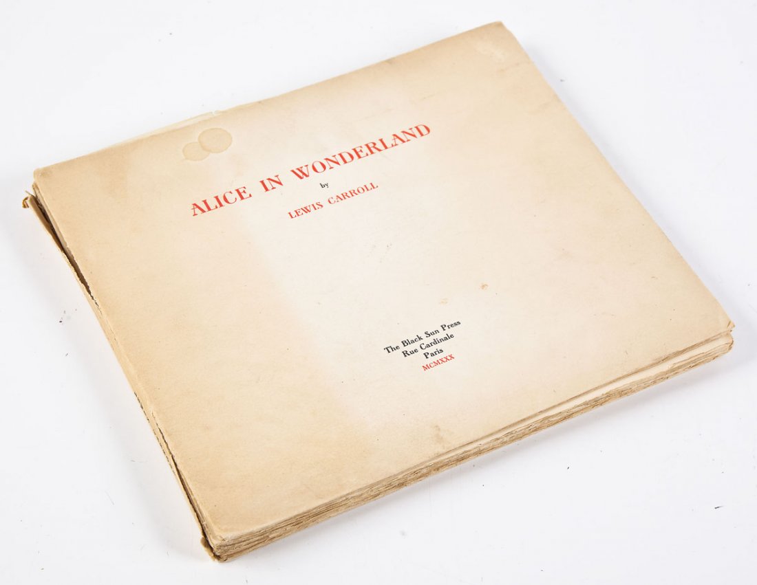 1930 Alice In Wonderland by Lewis Carroll: DESCRIPTION: 1930 Alice in Wonderland by Lewis Carroll softcover book. Printed by the Black Sun Press Rue Cardinale, Paris under the direction of Caresse Crosby. Illustrated with six colored lithograp
