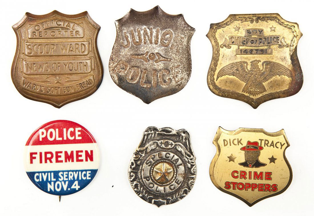 6 Toy Badges incl. Dick Tracy, Junior Police (1 of 2)