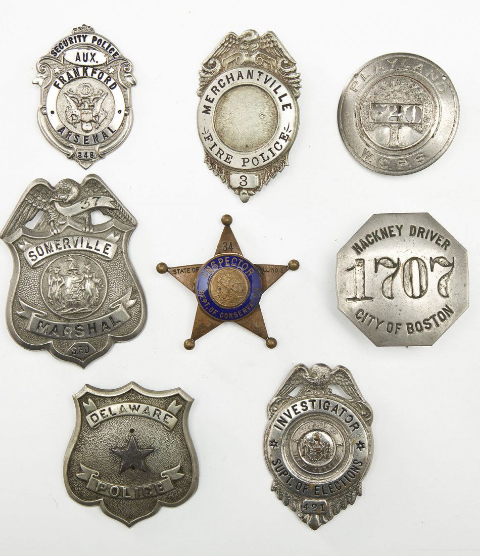8 Obsolete Badges incl Boston, Delaware (1 of 2)