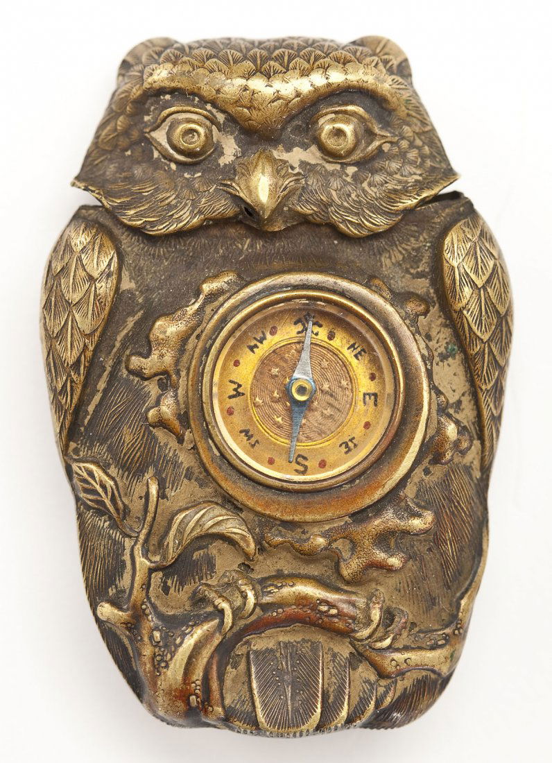 Brass Owl-shaped Matchsafe and Compass (1 of 3)