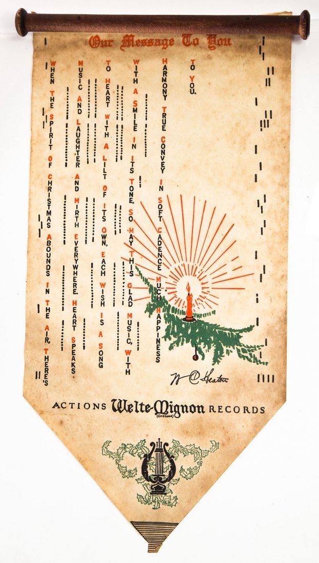 Early 20th C Welte Mignon Records Christmas Card: DESCRIPTION: Early 20th C Welte Mignon Records Christmas card. Rolled up card that rests on a wooden rod. To read the card you unroll it from the rod. Christmas card is designed to look like a player