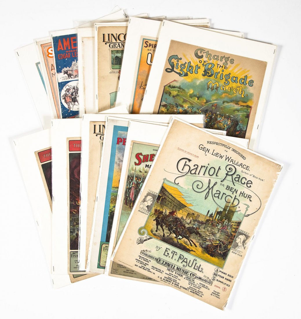 17 Pcs Patriotic and Military-Themed Sheet Music: DESCRIPTION: Seventeen pieces of Patriotic and military-themed sheet music. Includes twelve published by E.T. Paull. MEASUREMENTS: Each approximately 13-7/8" x 10-1/2". CONDITION: Each contained in pl
