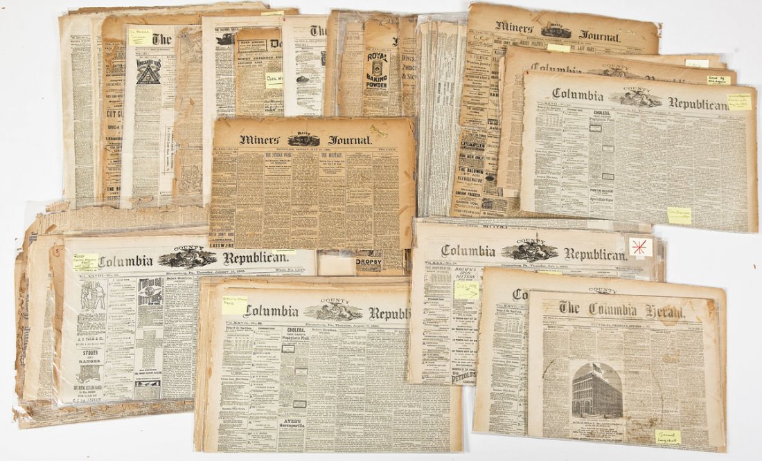 50 Assorted Post Civil War Newspapers: DESCRIPTION: Fifty post Civil War era newspapers from various Northeast locations between 1872 to 1906. Topics include memorials and dedications, first hand accounts of the war, generals' deaths, Gett