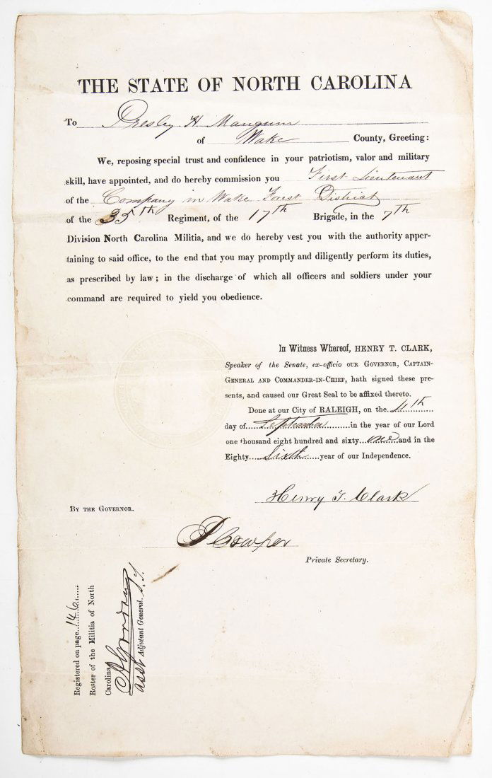 Confederate Militia Commission of Priestly Mangum (1 of 5)