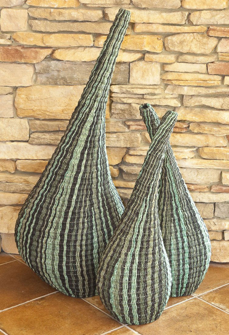 Trio of Decorative Baskets: DESCRIPTION: Three dyed green gourd shaped decorative baskets. MEASUREMENTS: Various. Large 41" tall. CONDITION: No defects noted.