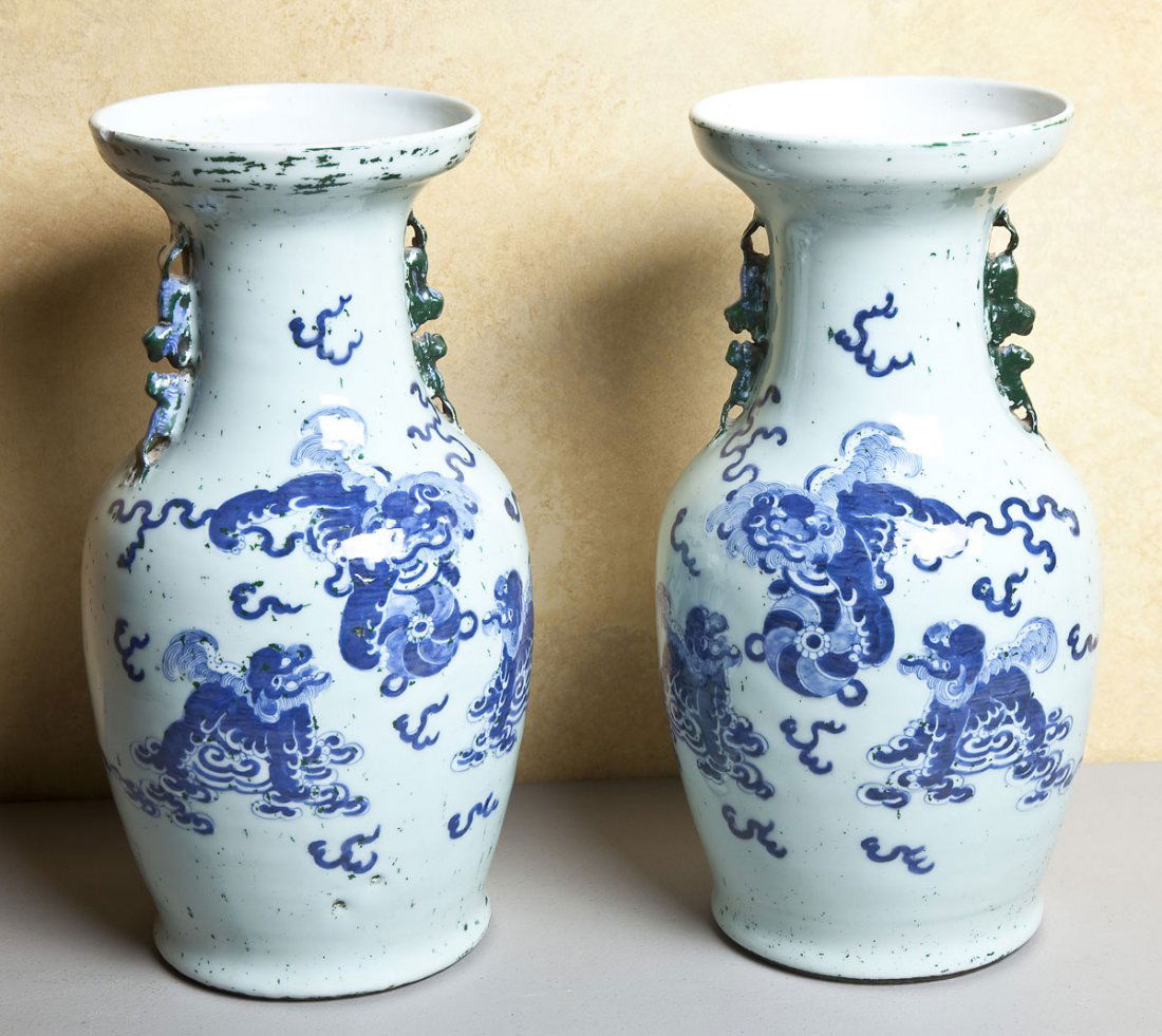 Pair of Large Canton Blue & White Vases (1 of 1)