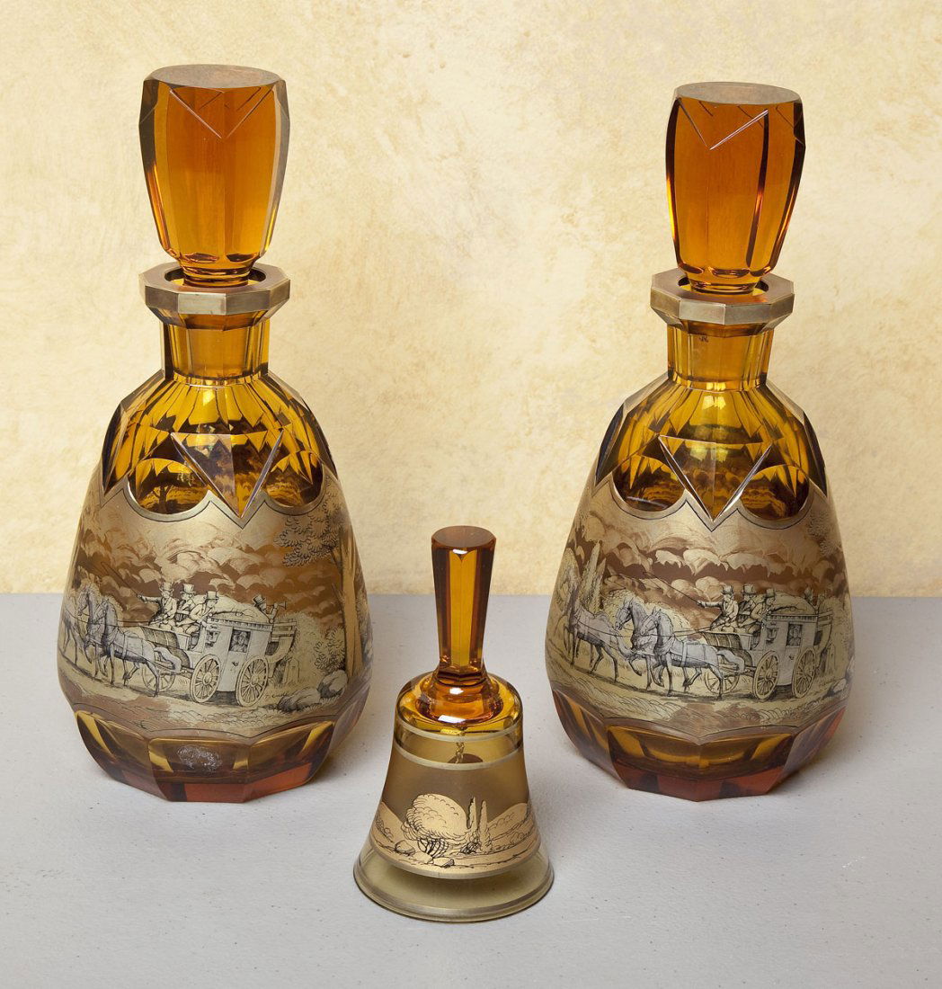 Pair of Amber Bohemian Decanters & Bell (1 of 1)