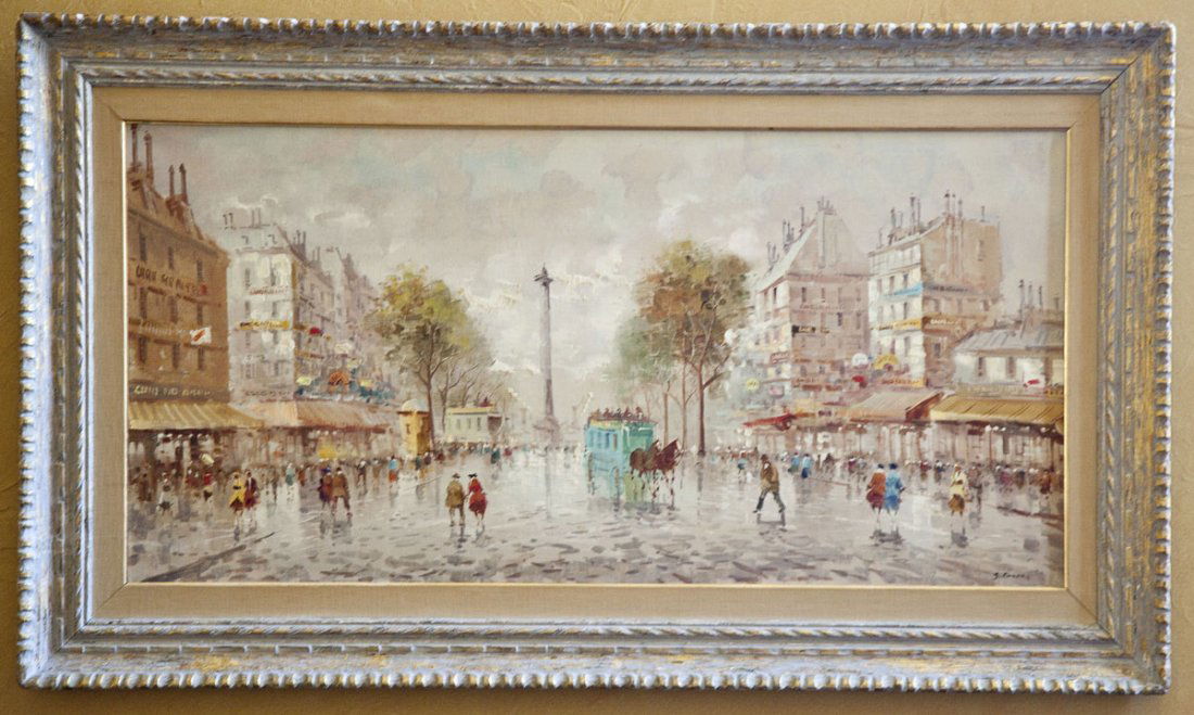 Large Signed Oil on Canvas Parisian Street Scene (1 of 2)