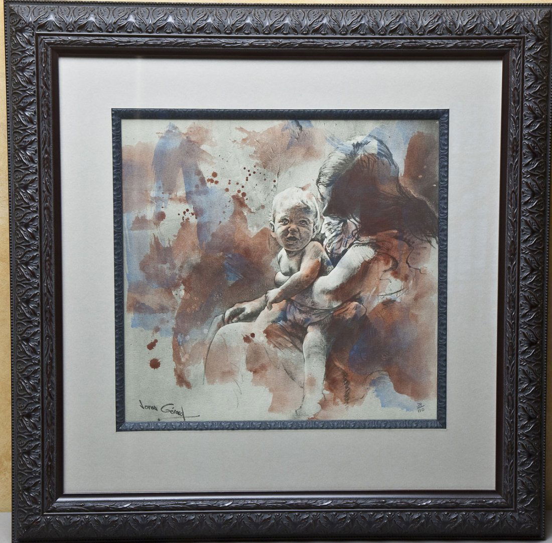 Limited Edition Print by Jonas Gerard: DESCRIPTION: Print of woman holding a baby by Jonas Gerard. Number 39/110. In black decorator frame. MEASUREMENTS: Image 14-1/2" square. Overall with frame 20" x 20". CONDITION: No defects noted.