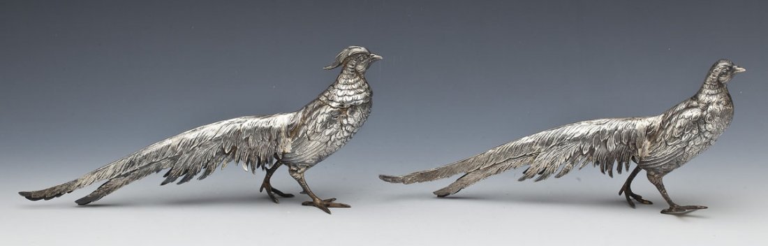 Pair of German Sterling Pheasants: DESCRIPTION: Pair of German sterling silver pheasants. Each marked "925" on the base of the foot and "Germany Sterling" upon the tail feathers. MEASUREMENTS: Each approximately 5-1/2" x 13". 23.48 tro