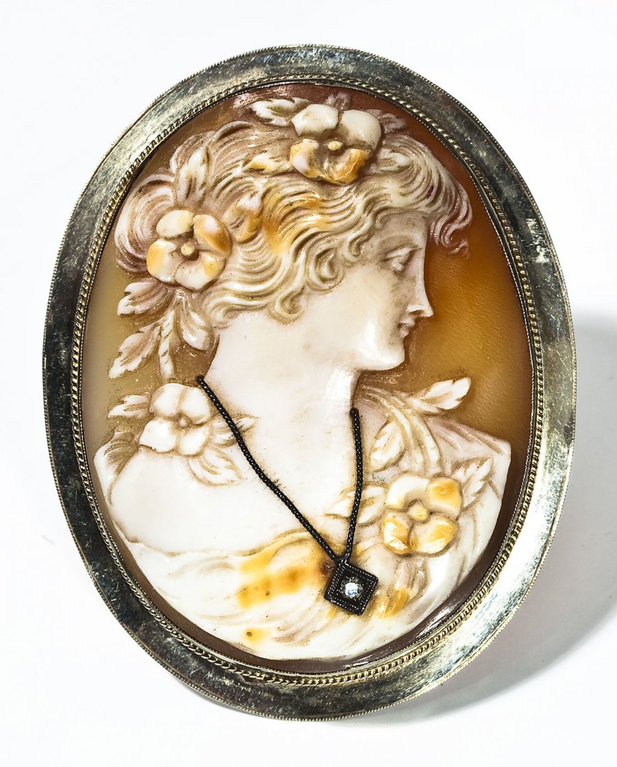 14K & Diamond Cameo Pin: DESCRIPTION: Cameo pin in marked 14K white gold frame and set with one approximately 5 point round diamond. MEASUREMENTS: 2-1/8" long by 1-1/2" wide. 12.4 dwt (13.9 gr). CONDITION: Minor dings to fram