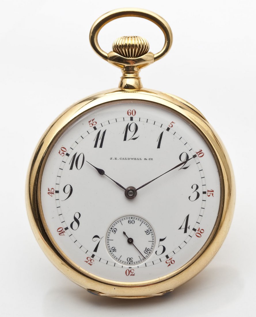 18K Vacheron & Constantin Pocket Watch: DESCRIPTION: Vacheron & Constantin pocket watch retailed by J.E. Caldwell & Co. Open face. Stem wound, pendant set. Porcelain single sunk dial with subsidiary seconds, Arabic numbers, marked "J.E. Cal