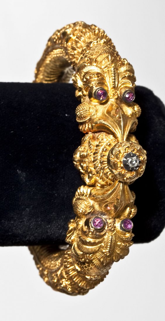 Large & Ornate 14K Gold & Gemstone Figural Bangle (1 of 4)