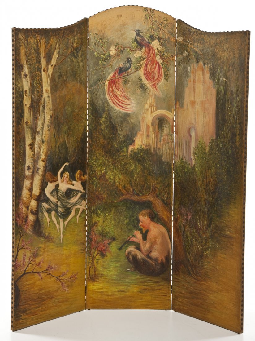 C 1930 Painted Leather Screen (1 of 4)
