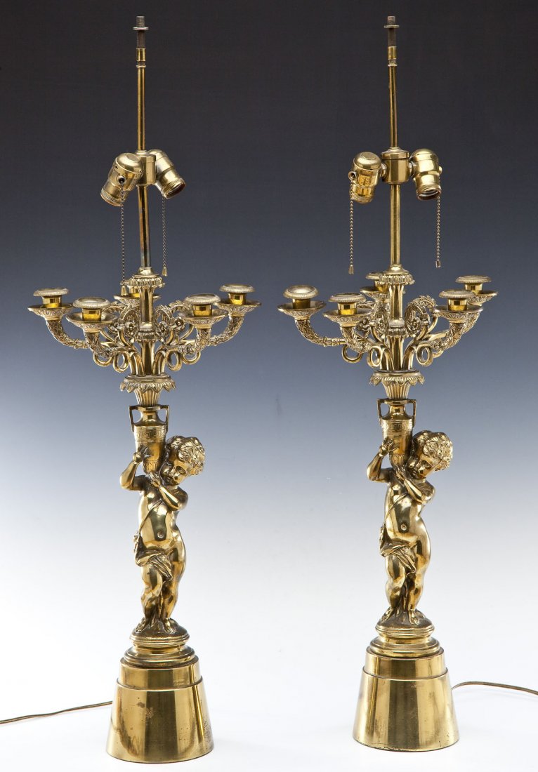Pair of Figural Brass Candelabra Mounted as Lamps (1 of 5)