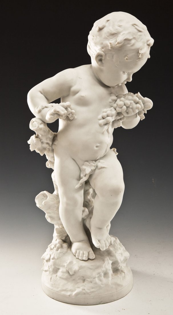 After Auguste Moreau (French, 1834-1917): DESCRIPTION: After Auguste Moreau (French, 1834 - 1917). Parian sculpture of an infant boy holding bunches of grapes and leaning against a stump in a Neoclassical style. Signature on lower edge "Aug M