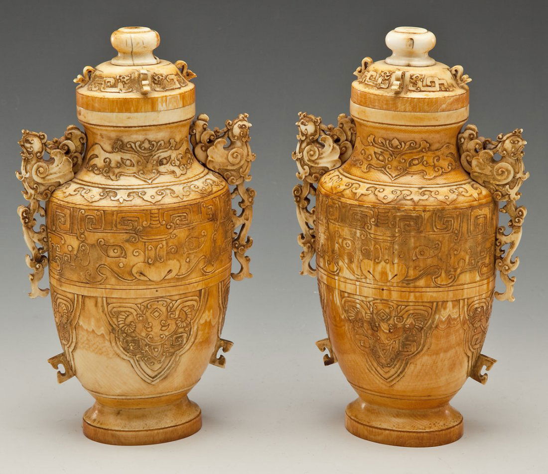 Pair Carved Ivory Urns with Roosters (1 of 6)