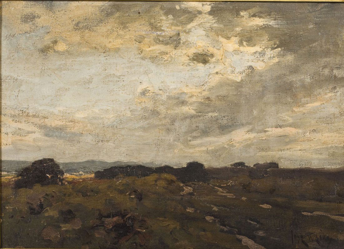 Jose Weiss (United Kingdom/France, 1859-1919): DESCRIPTION: Jose Weiss (United Kingdom/France, 1859-1919). Oil on canvas. Landscape scene. Signed upon the lower right in black "Jose Weiss". Gold frame. Marked upon the reverse of the frame for Carr