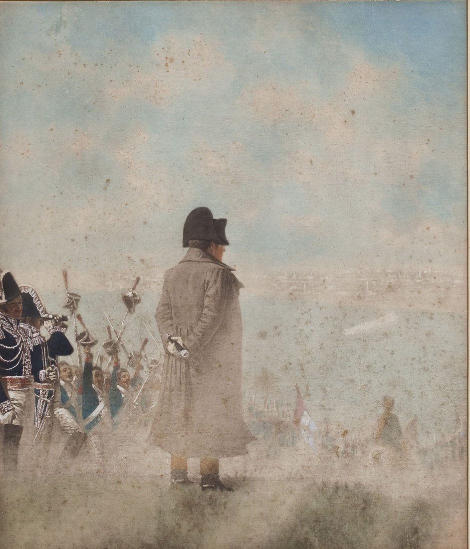 Watercolor Painting of Napoleon with Troops: DESCRIPTION: Continental School (19th Century). watercolor on paper. Depicts Napoleon with cheering troops overlooking a battle. Unsigned. Gold frame with mat. MEASUREMENTS: 17-1/8" x 14-5/8". Overall