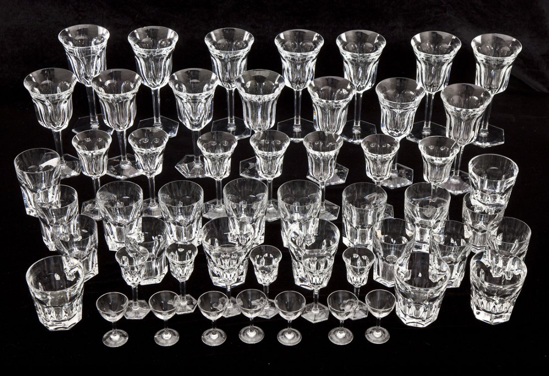 54 Baccarat Malmaison Barware: DESCRIPTION: Fifty-four pieces of Baccarat barware and stemware in the Malmaison pattern. Includes: Seven 8" red wine glasses, seven 7-1/2" white wine glasses, seven 6" port glasses, six 4-1/2" sherry