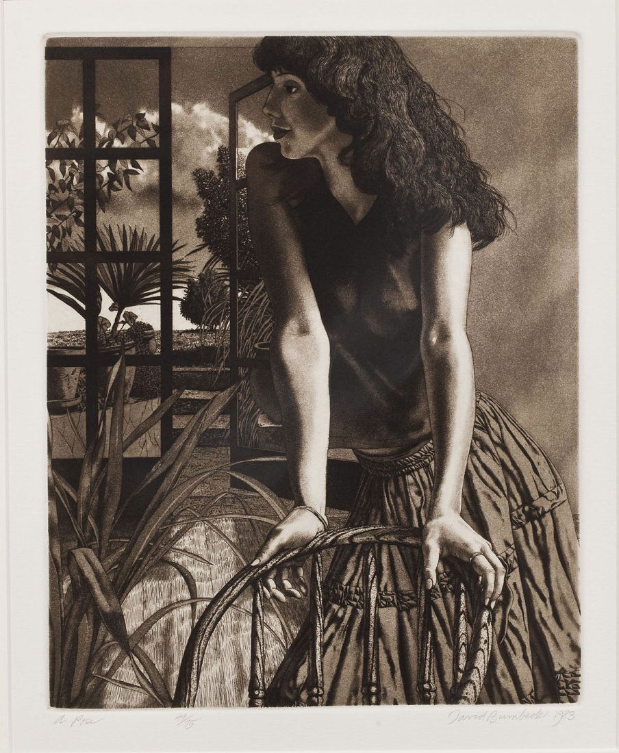 David Bumbeck (Vermont/Massachusetts, B. 1940): DESCRIPTION: David Bumbeck (Vermont/Massachusetts, B. 1940). Etching on paper entitled A Pose. Marked in pencil across the bottom "A Pose 49/75 David Bumbeck 1983". Framed and matted. Bumbeck earned d