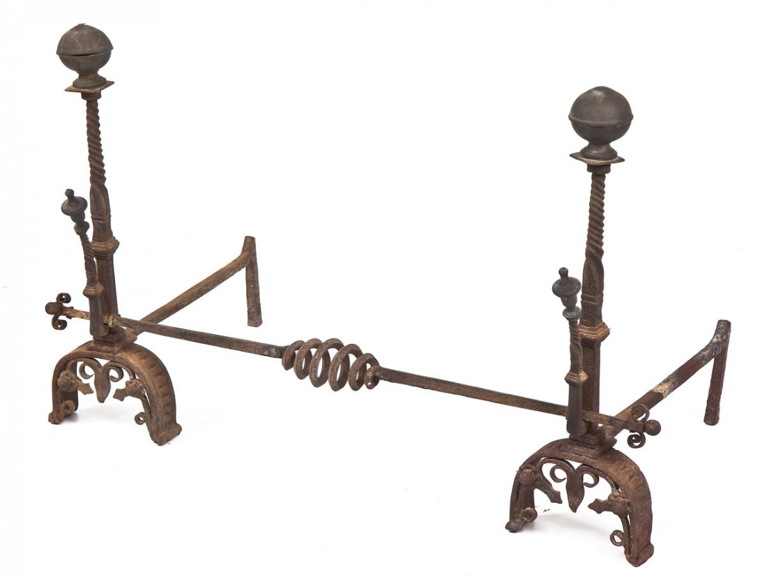 19th C Wrought Iron & Brass Andirons: DESCRIPTION: Wrought iron and brass andirons consisting of brass ball finials surmounting twisted wrought iron columns with outsets decorated with urn finials. On arched down-curving legs inset with d