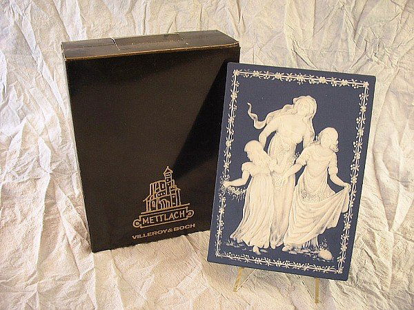1978 Ltd Ed Mettlach Jasperware Plaque: Limited edition Mettlach dark blue jasperware plaque with white classical front design, marked "Mettlach Seit 1748 Villeroy & Boch ges. gesch. Muttertag 1978 Fruhlingsreigen Limited Edition 15000/0880