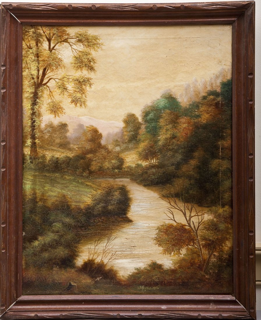 J.C. Rhell (American, 19th Century): DESCRIPTION: J.C. Rhell (American, 19th Century). Oil on canvas. "On the Avonberg County Wicklow Ireland" as marked verso. Signed at bottom "J.C. Rhell. 1910." In carved wood frame. MEASUREMENTS: 23-1