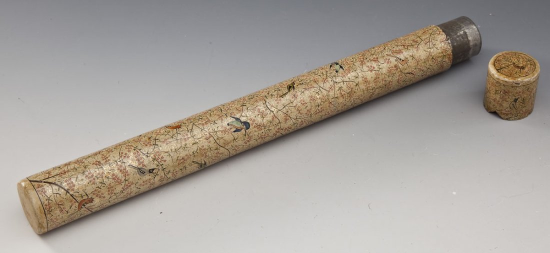 Needleworking Tools in Lacquer Case: DESCRIPTION: Needleworking tools in lacquer case. Includes four bone crochet hooks, one bone shuttle, six composition knitting needles, and five metal needleworking tools. All in cylindrical steel cas