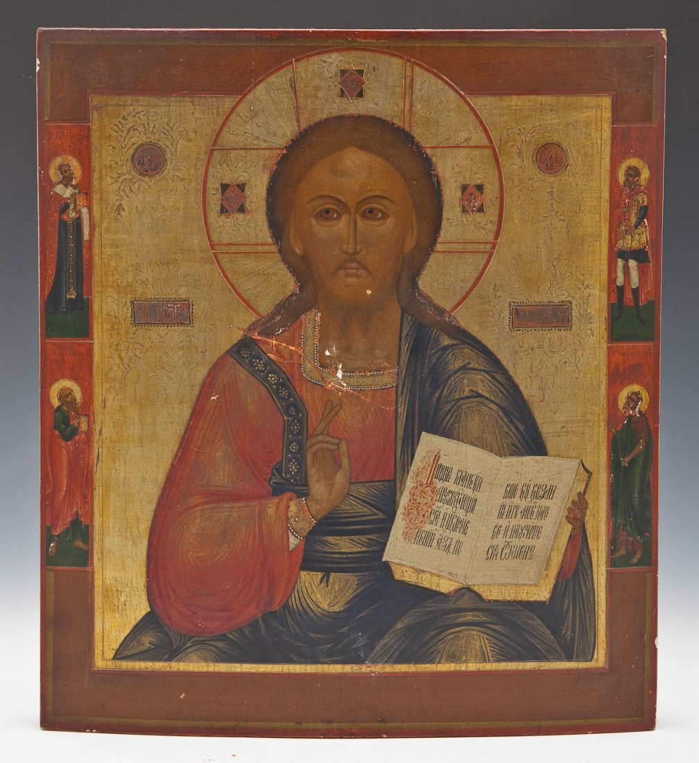 19th C Russian Pantokrator: DESCRIPTION: 19th century Russian Pantokrator (All-powerful). Egg tempera and gold leaf on gesso ground, possibly on poplar board. Greer Gallery, NYC label verso. The iconic image of Christ Pantocrato