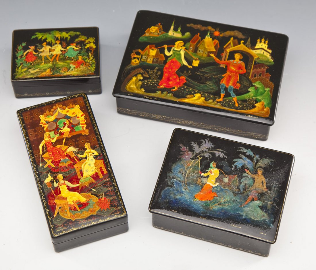 4 Palekh School Russian Painted Lacquer Boxes (1 of 4)