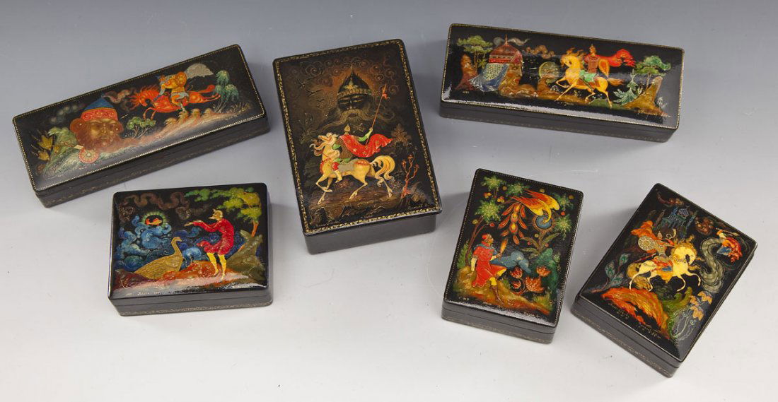 6 Palekh School Russian Painted Lacquer Boxes (1 of 4)