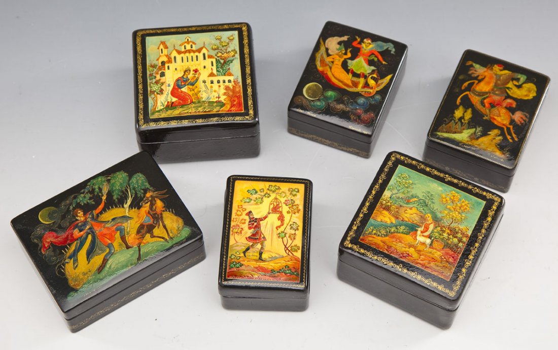 6 Palekh School Russian Painted Lacquer Boxes (1 of 4)