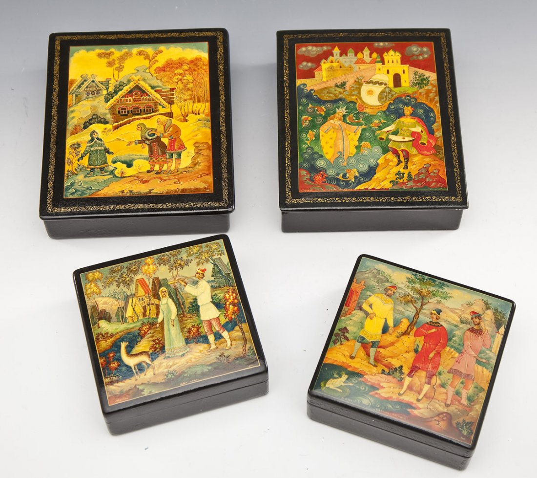 4 Russian Painted Square Lacquer Boxes (1 of 4)