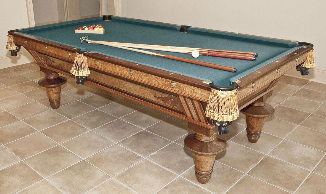 Brunswick-Balke-Collender Amaranth Pool Table: DESCRIPTION: Brunswick-Balke-Collender Co. Amaranth 8' pool table. Circa 1882. Ash and amaranth frame with mixed woods. Monarch cushions. Ivory sights. Full custom restoration in 2001. Includes pool b