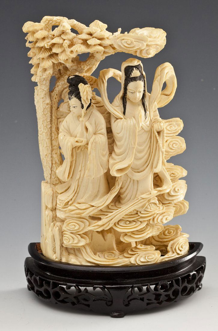 Carved Ivory Figural Grouping of 2 Guanyin (1 of 5)