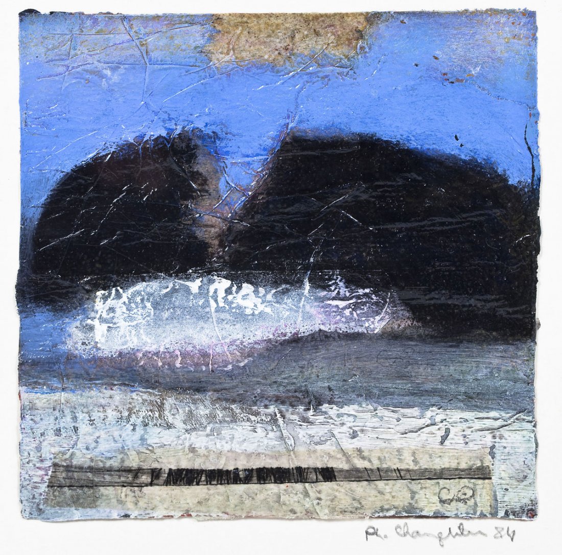 Signed Twentieth Century Oil on Paper Collage: DESCRIPTION: Signed twentieth century oil on paper collage. Wooden frame and mat. Signed upon the lower right in pencil "Ph. Champhlin 86". MEASUREMENTS: 5-" x 5". Overall with frame and mat 10" x 10"