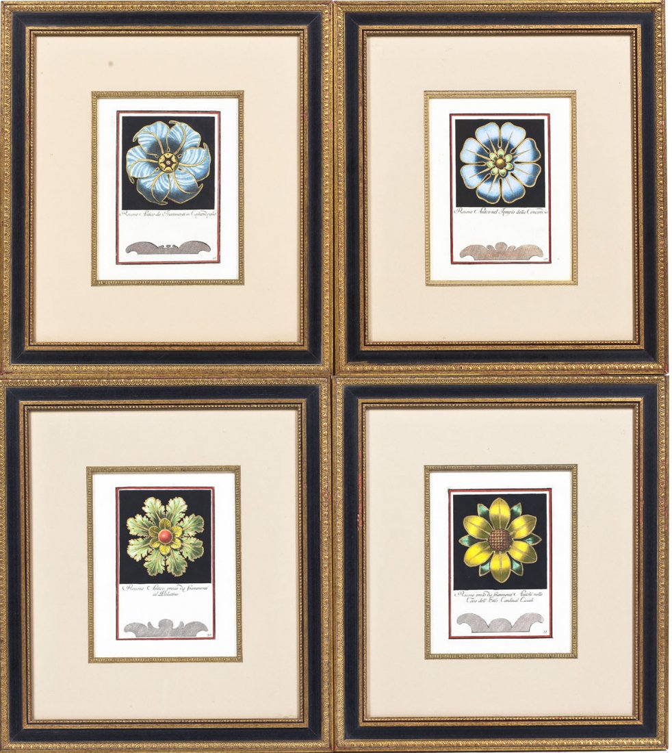 After Carlo Antonini (Italian, 1740-1821): DESCRIPTION: After Carlo Antonini (Italian, 1740-1821). Four hand-colored engravings of architectural rosettes from throughout historic Italian buildings. Each depicts the profile and face view of the