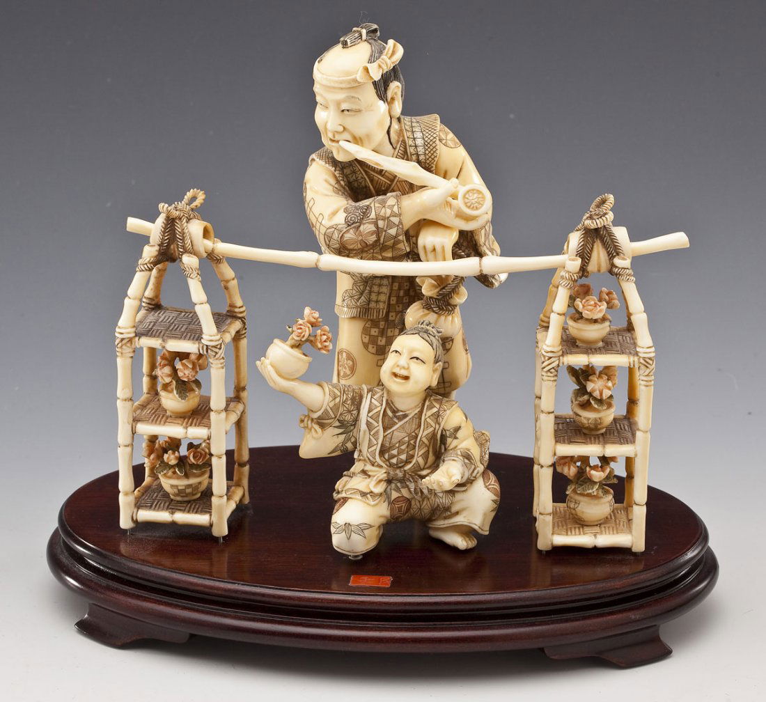 Japanese Carved Ivory Grouping of Flower Sellers (1 of 4)