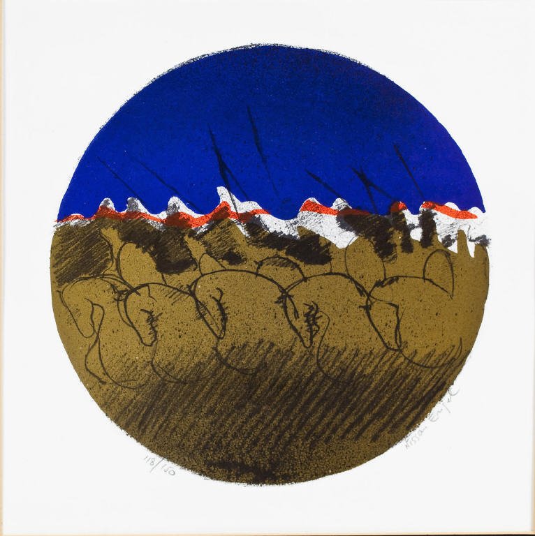 Nissan Engel (Israeli, B. 1931): DESCRIPTION: Nissan Engel (Israeli, B. 1931). Lithograph on paper. Depicts scene of five horses. Signed "Nissan Engel" and also marked "118/150". PROVENANCE: From the Saul and Florence Putterman Colle