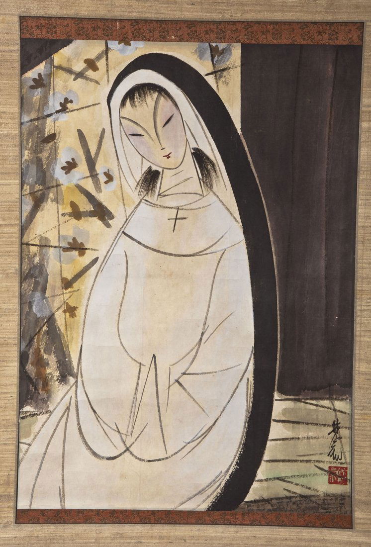 Chinese Ink Painted Scroll of a Catholic Nun (1 of 3)